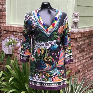 Keylime & Pink Swirly Floral Print Beaded Tunic
